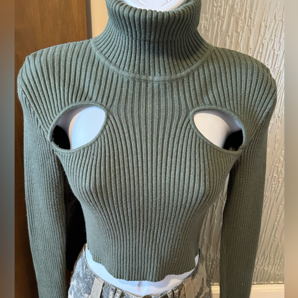 Green sweater with cut outs and a turtle neck crop top